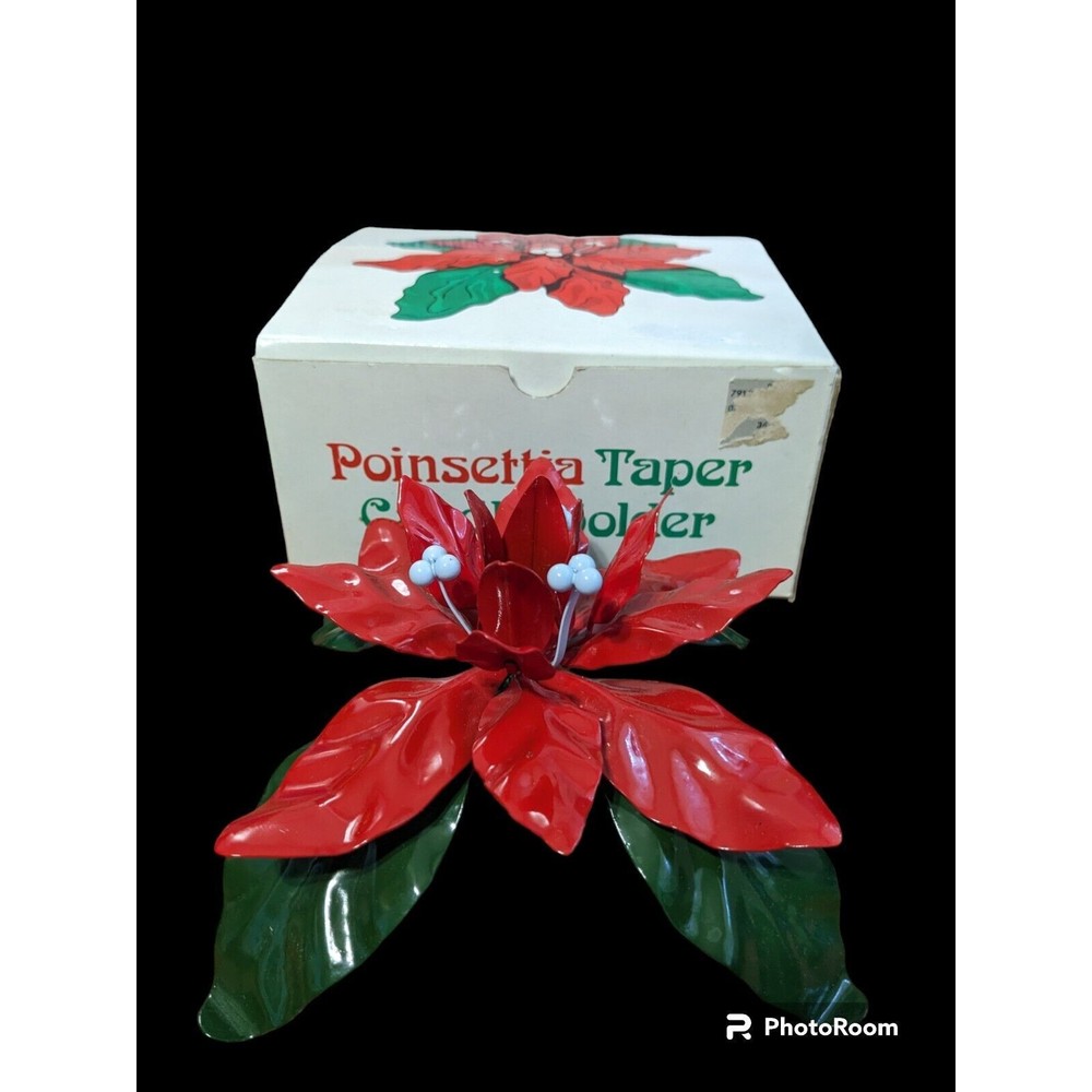 Vintage Dept 56 Poinsettia Taper Candle Holder In Original Box 7175-7